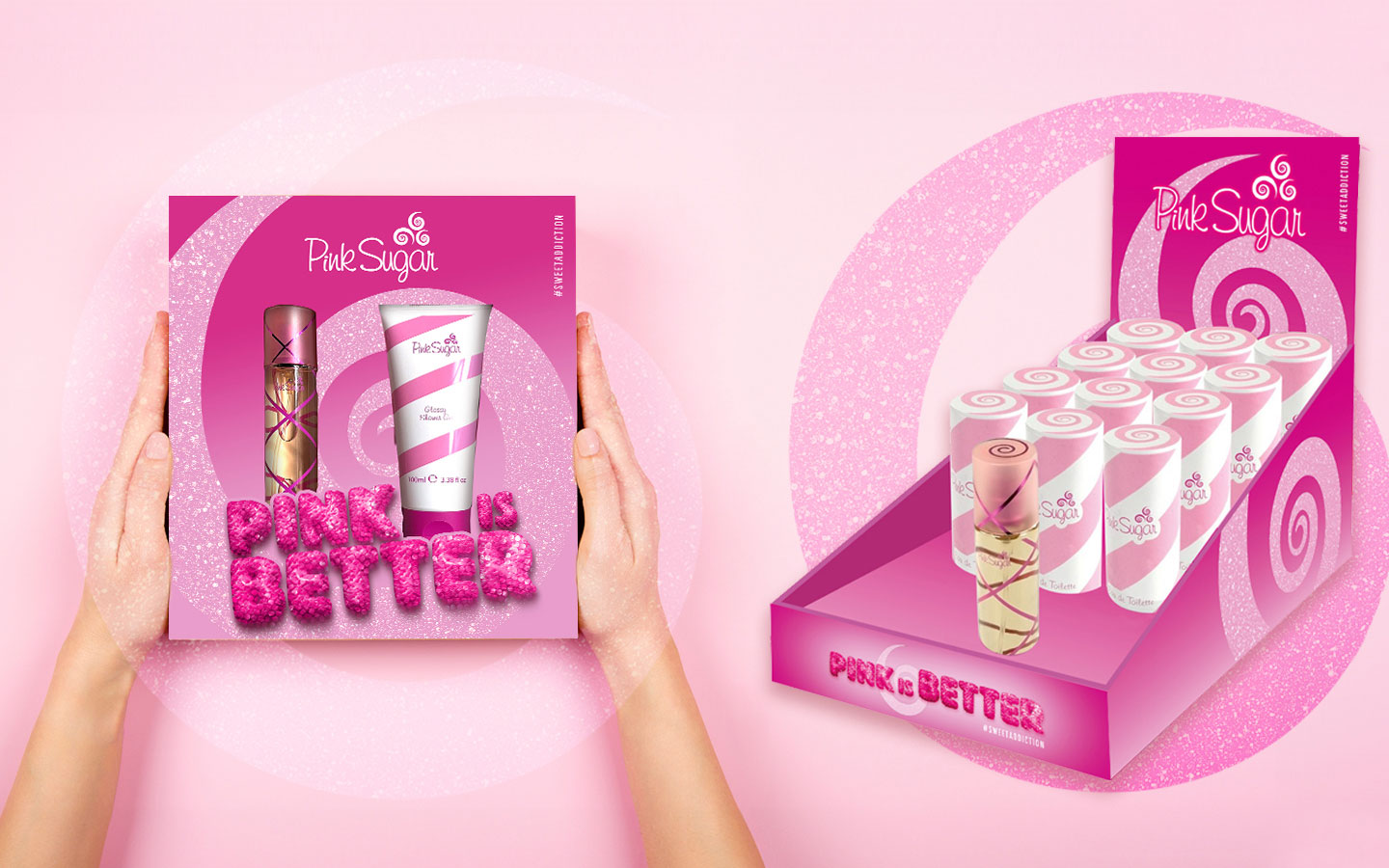 The graphic design for the 2024 Pink Sugar Pink is better box and the materials for the point of sales