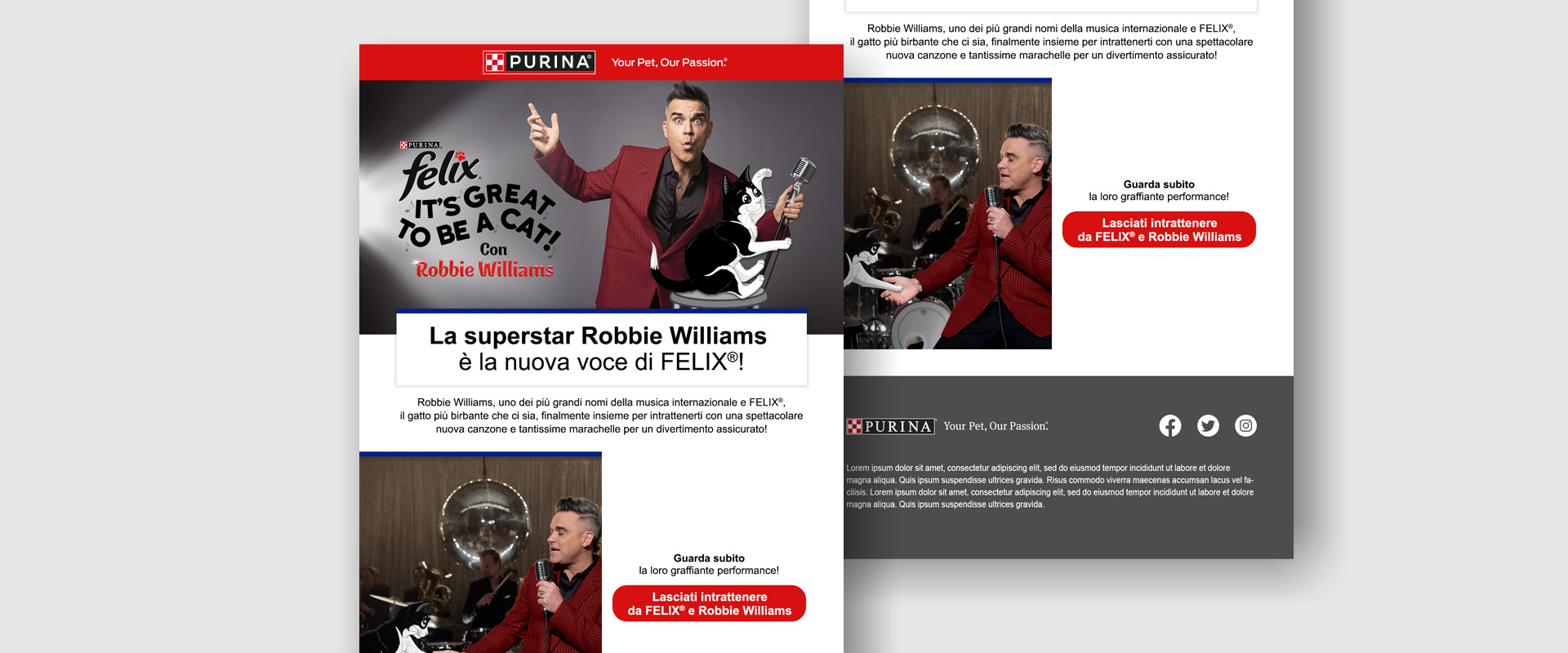 Trade assets developed by ATC – All Things Communicate to launch the partnership with Robbie Williams: custom EDM saga, leaflet, mini-site and set up of the Nestlé Italia headquarter