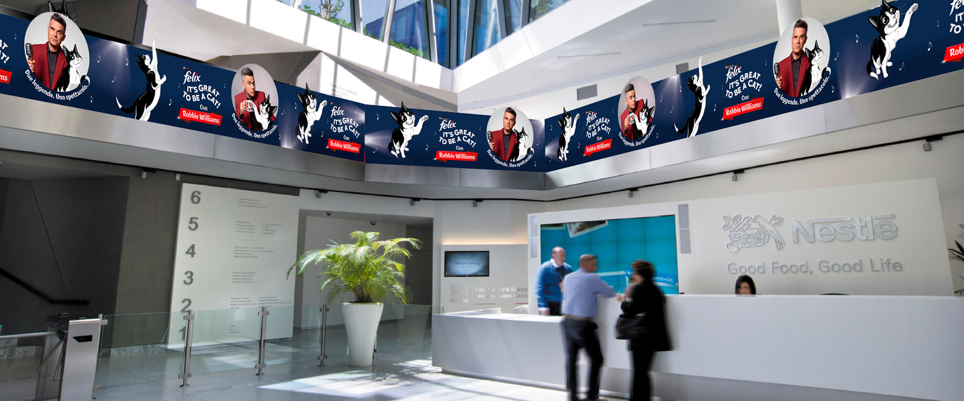 Trade assets developed by ATC – All Things Communicate to launch the partnership with Robbie Williams: custom EDM saga, leaflet, mini-site and set up of the Nestlé Italia headquarter