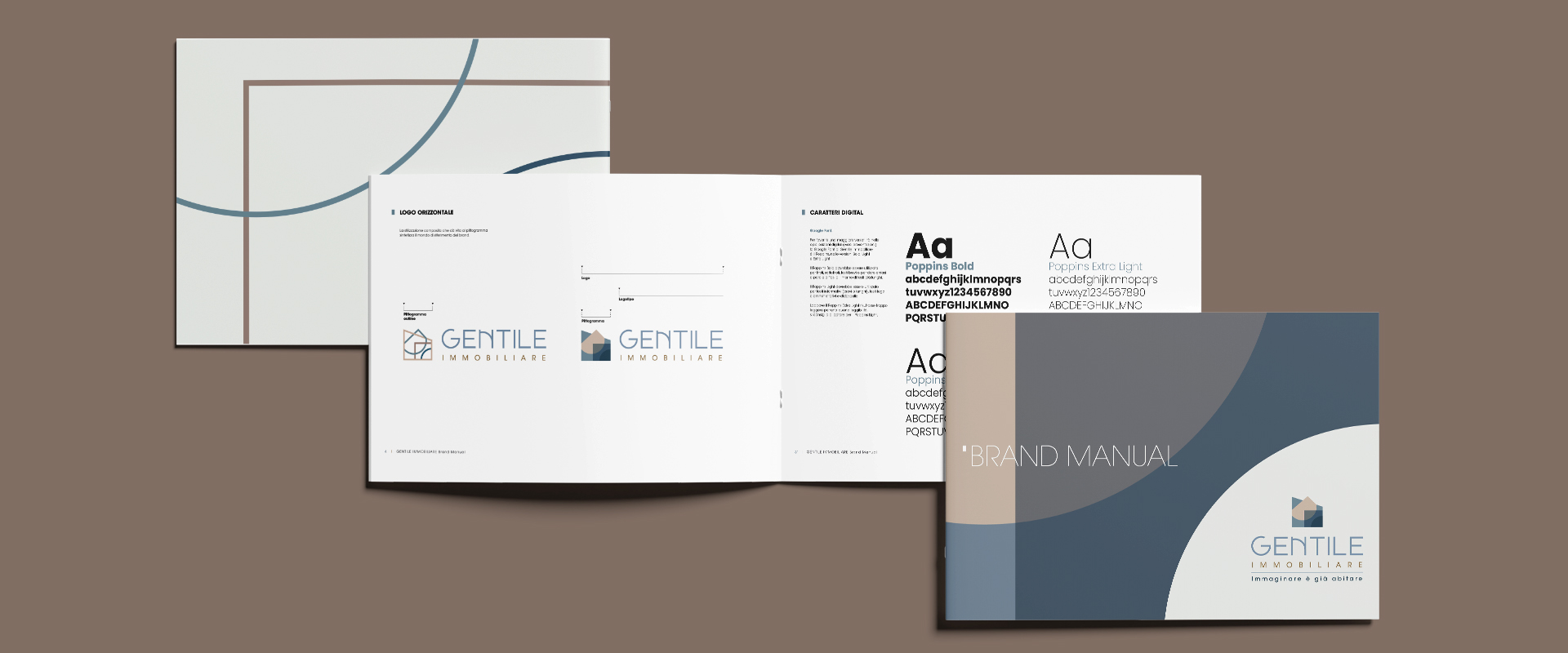 The new visual identity of Gentile Immobiliare: logo and payoff designed on the basis of a renewed value proposition and a corporate image that will be applied to various physical materials