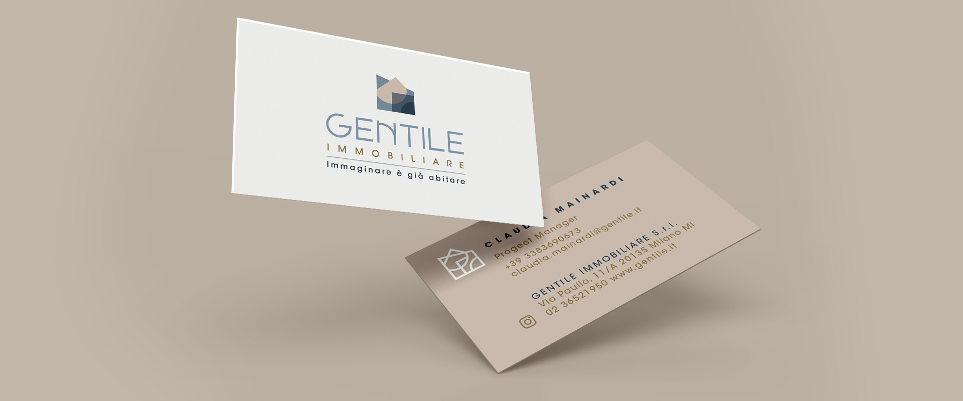 The new visual identity of Gentile Immobiliare: logo and payoff designed on the basis of a renewed value proposition and a corporate image that will be applied to various physical materials