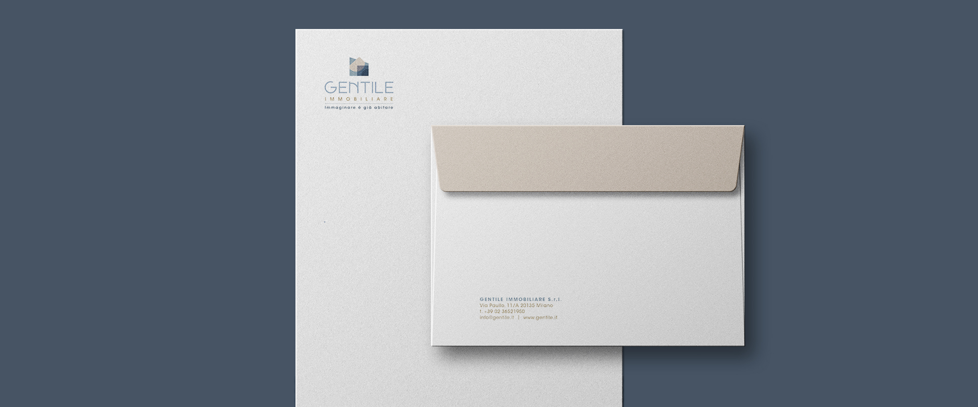 The new visual identity of Gentile Immobiliare: logo and payoff designed on the basis of a renewed value proposition and a corporate image that will be applied to various physical materials