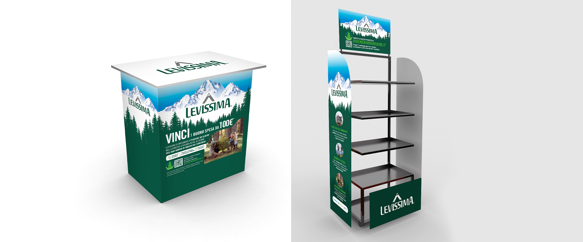 The communication materials designed by ATC to spread the new Levissima concept Rigeneriamo Insieme in the grocery store channel