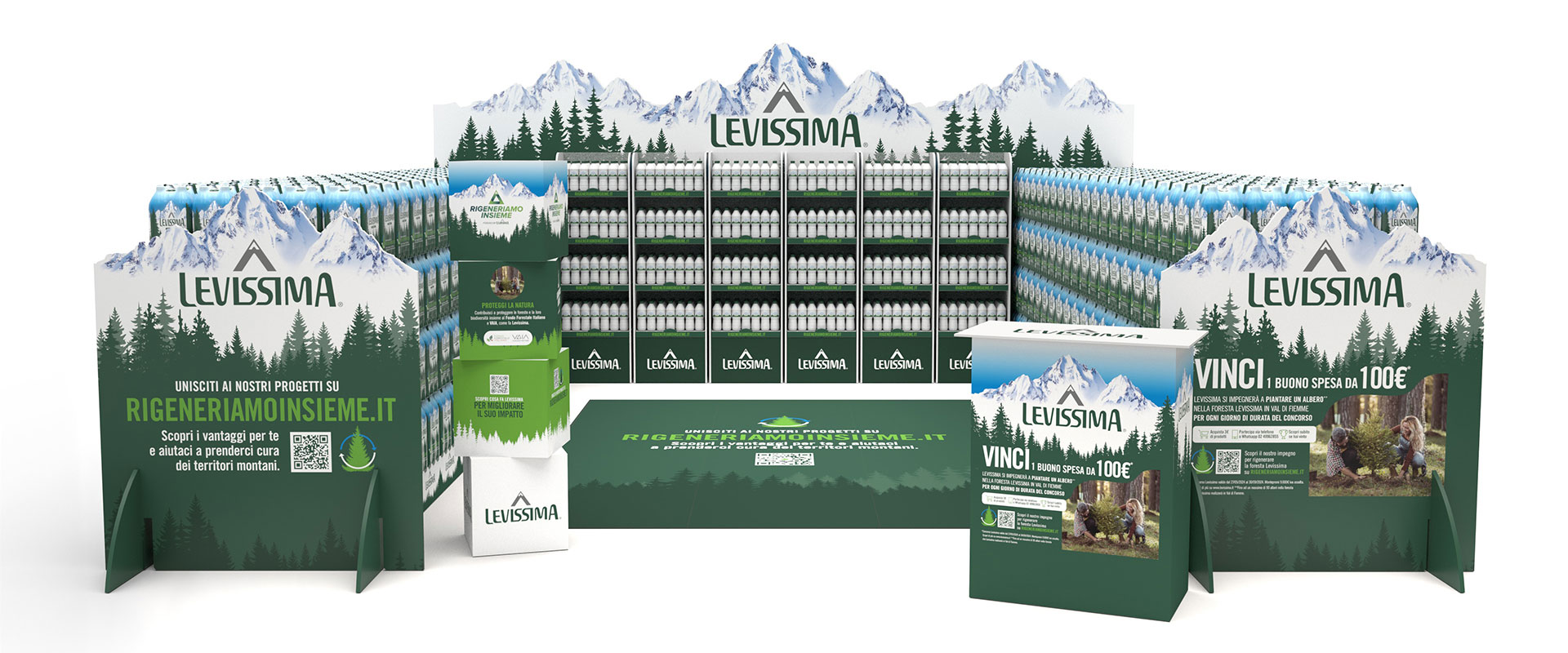 The communication materials designed by ATC to spread the new Levissima concept Rigeneriamo Insieme in the grocery store channel